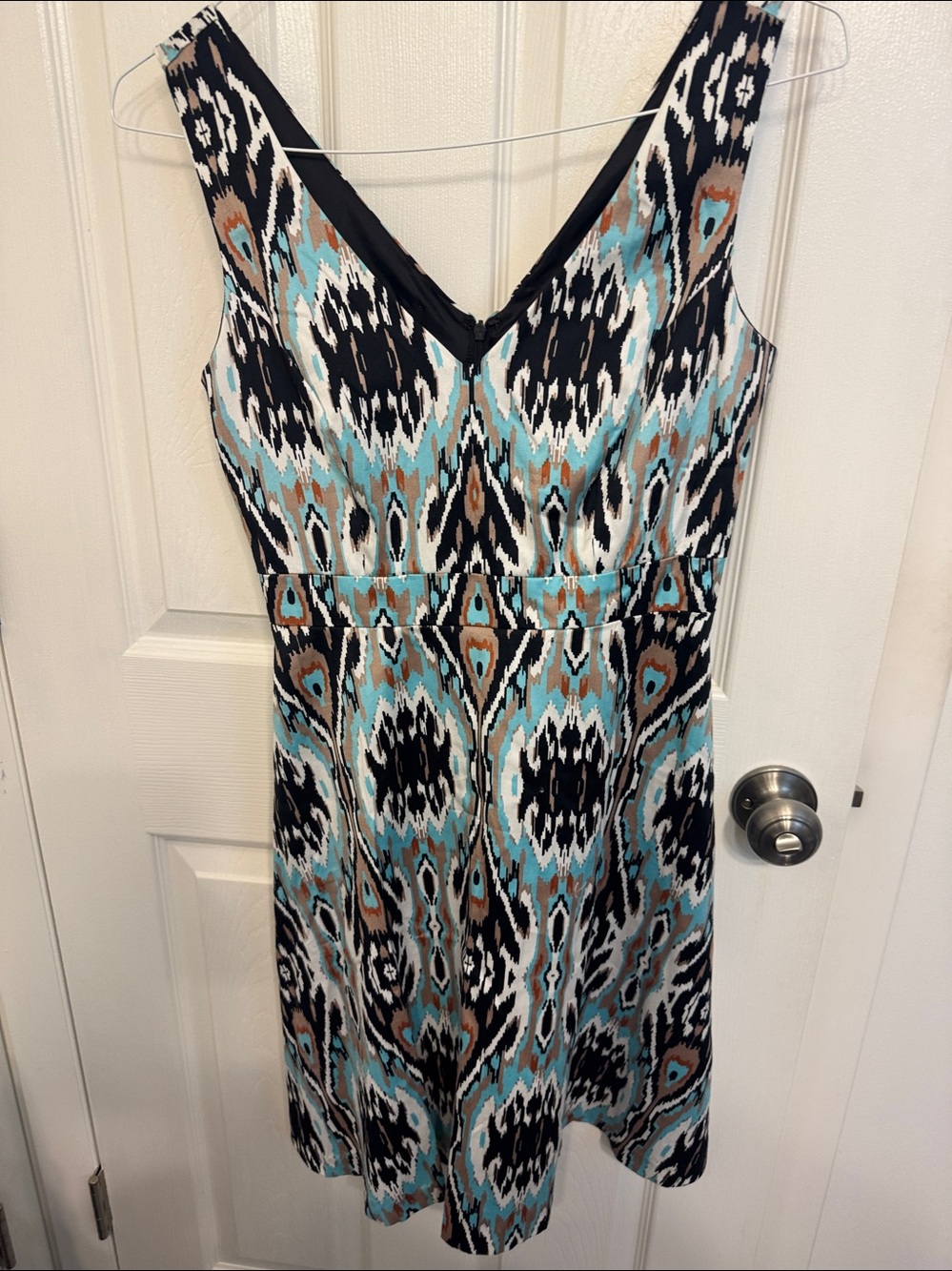 INC International Concepts V-Neck Printed Midi Dress in Black, Teal & Tan